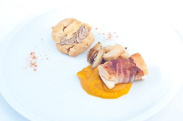 Image showing Typical Italian appetizer with liver pate and bacon