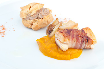 Image showing Typical Italian appetizer with liver pate and bacon