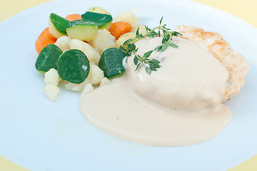 Image showing 
Hamburger with mustard sauce and crispy vegetables