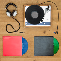 Image showing Vinyl records, record player and head phones background