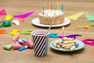 Image showing Happy birthday still life with cake and drinks for a chldren\'s p