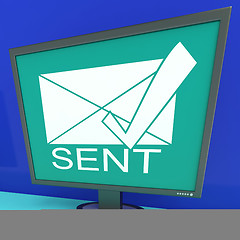 Image showing Sent Envelope On Monitor Shows Outbox