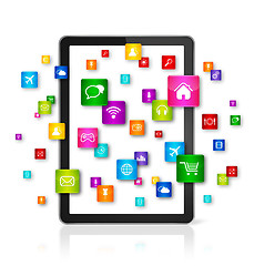 Image showing Digital Tablet PC and flying apps icons