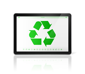 Image showing Digital tablet PC with a recycle symbol on screen. environmental