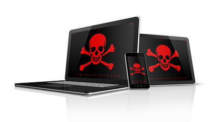 Image showing Laptop tablet pc and smartphone with pirate symbols on screen. H