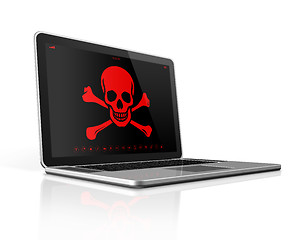 Image showing Laptop with a pirate symbol on screen. Hacker concept