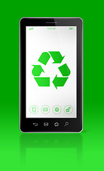 Image showing Smartphone with a recycling symbol on screen. environmental cons
