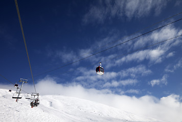 Image showing Gondola and chair-lifts at ski resort in nice day