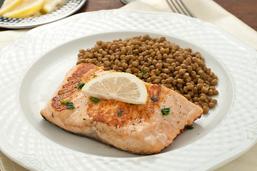 Image showing Fillet of grilled salmon with lentils, 