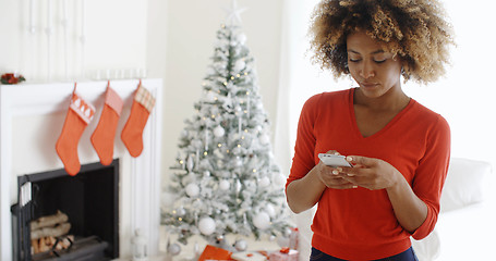 Image showing Young woman checking her Christmas messages