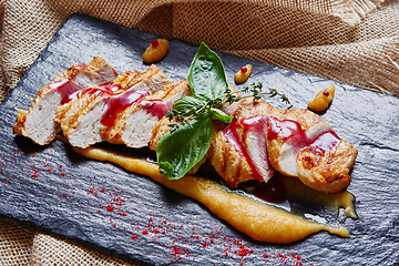 Image showing Grilled chicken breast with polenta