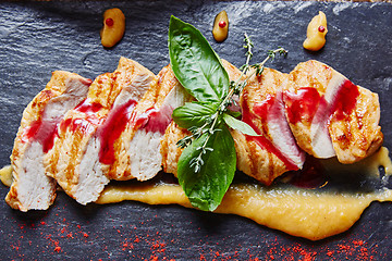 Image showing Grilled chicken breast with polenta