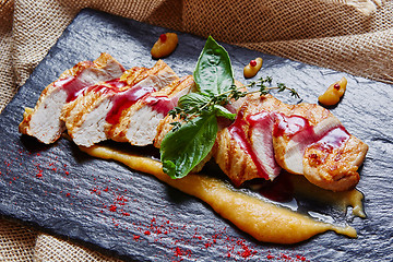 Image showing Grilled chicken breast with polenta