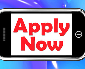 Image showing Apply Now On Phone Shows Job Applications And Recruitment