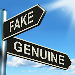 Image showing Fake Genuine Signpost Shows Imitation Or Authentic Product