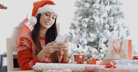 Image showing Attractive woman checking for Christmas messages