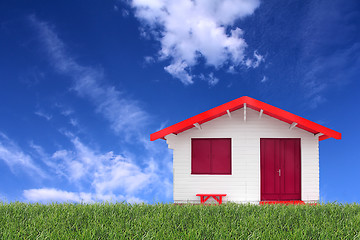 Image showing Wooden prefabricated house on the grass