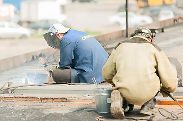 Image showing industrial worker welders during working process