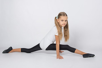 Image showing Girl gymnast trying to do the splits