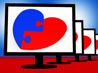 Image showing Two-Pieced Heart On Monitors Shows Romantic Complement