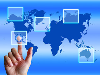 Image showing World Map Finger Shows Worldwide Communication And Global Cybers