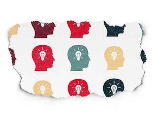 Image showing Marketing concept: Head With Light Bulb icons on Torn Paper background