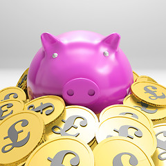 Image showing Piggybank Surrounded In Coins Showing Britain Wealth