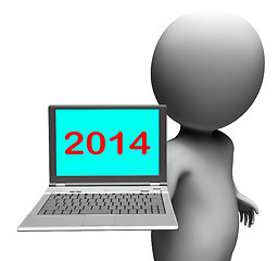 Image showing Two Thousand And Fourteen Character And Laptop Shows New Year 20