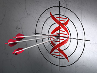 Image showing Science concept: arrows in DNA target on wall background