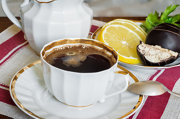 Image showing Still life : a Cup of black coffee on the table.