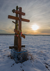 Image showing Orthodox church crosses in sunset