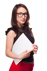 Image showing Office girl holding empty paper blank template