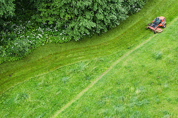 Image showing  Top view of the lawn and mowing lawns