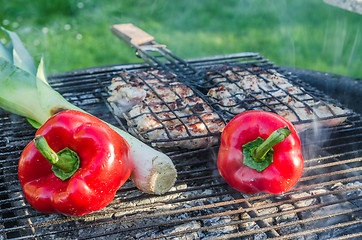 Image showing Cooking meat and vegetables on the grill