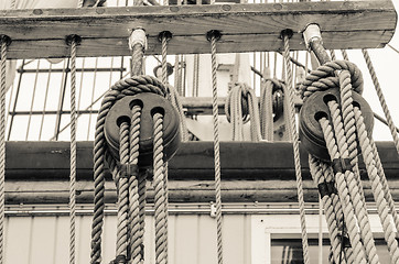 Image showing Blocks and rigging of an old sailboat