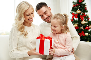 Image showing happy family at home with christmas gift box