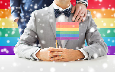 Image showing close up of male gay couple holding rainbow flag