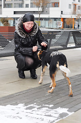 Image showing The woman in a sheepskin coat irons a stray dog in the winter