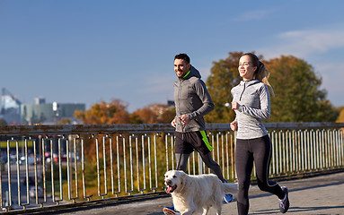 Image showing happy couple with dog running outdoors