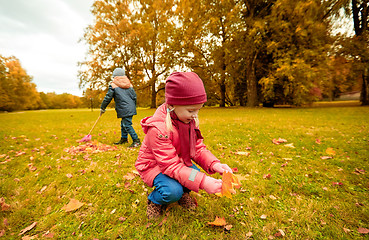 Image showing children collecting leaves in autumn park