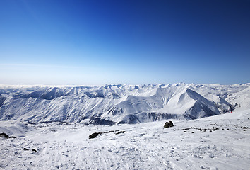 Image showing Snowy mountains at nice sun day