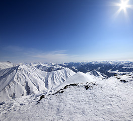 Image showing Snowy mountains at nice sun day