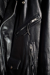 Image showing close up of traditional black classic leather motorcycle jacket