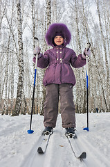 Image showing Winter portrait of the girl of four years on skis