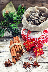 Image showing Christmas bag with pine cones