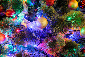 Image showing Decorated Christmas tree closeup