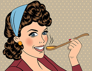 Image showing pop art retro woman with apron tasting her food