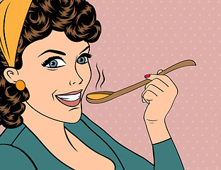 Image showing pop art retro woman with apron tasting her food