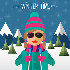 Image showing Hipster girl skier in flat style