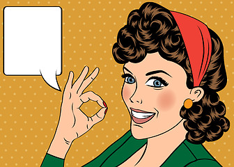 Image showing pop art cute retro woman in comics style with OK sign